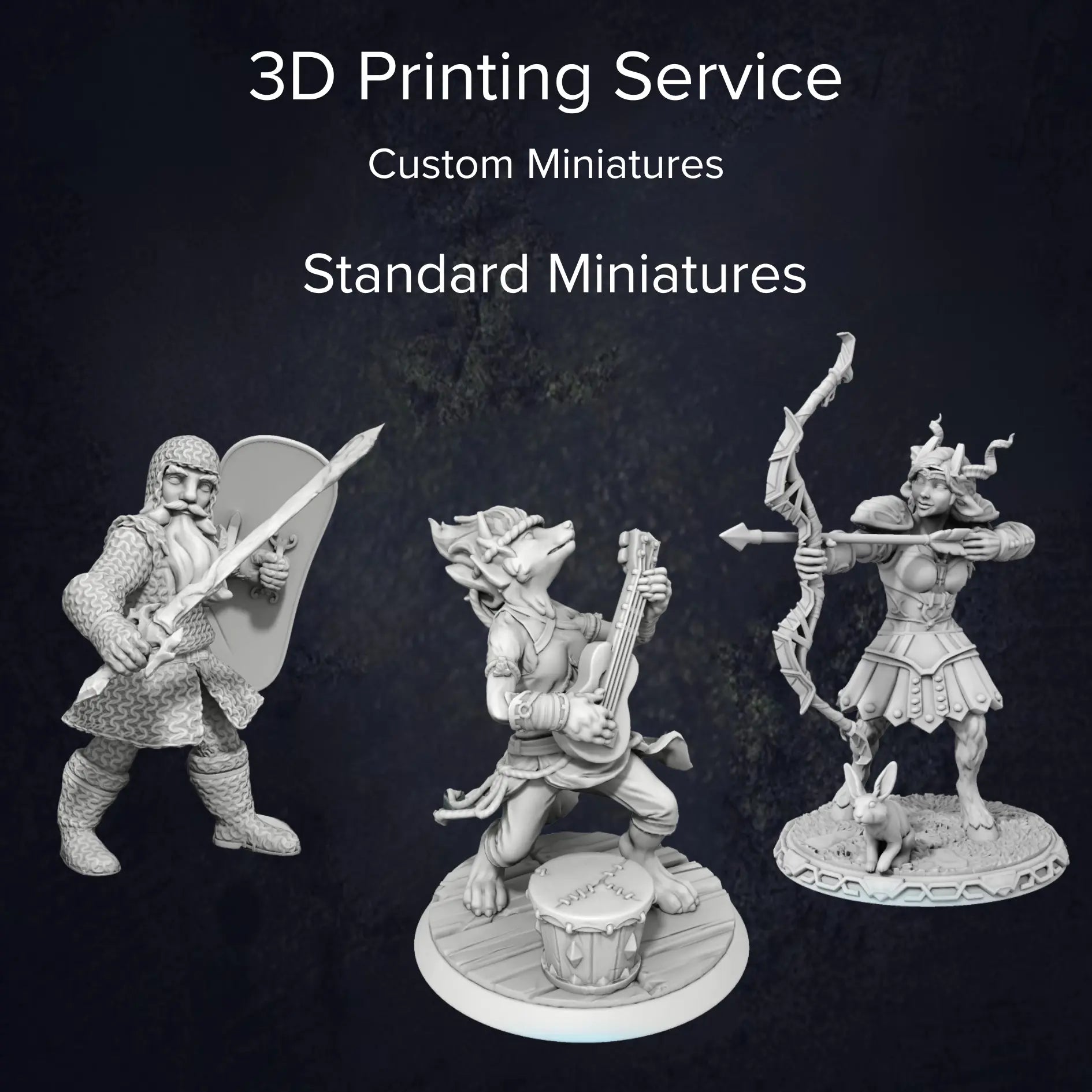 Close-up shots of several 3D-printed miniatures, emphasizing fine details such as facial expressions, clothing textures, and accessories, all primed and ready for painting. Detailing what classifies as a standard miniature.