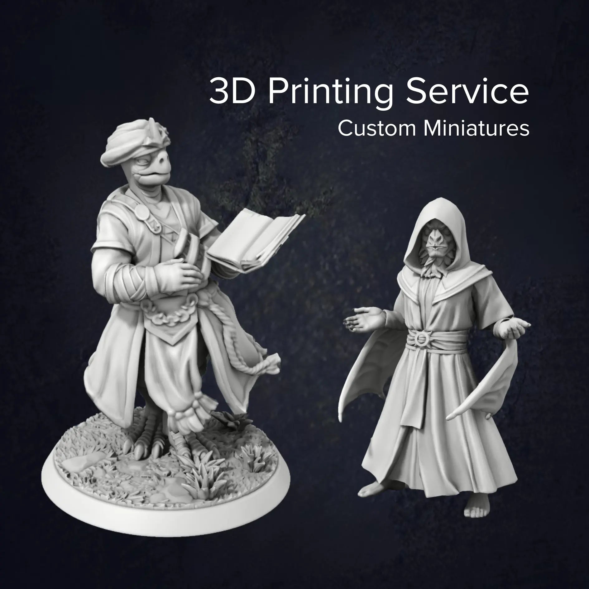 A showcase of multiple custom 3D-printed miniatures arranged together, illustrating the variety of characters available, from warriors and wizards to creatures and mounted figures. Examples of the types of models that can be printed on this service. 