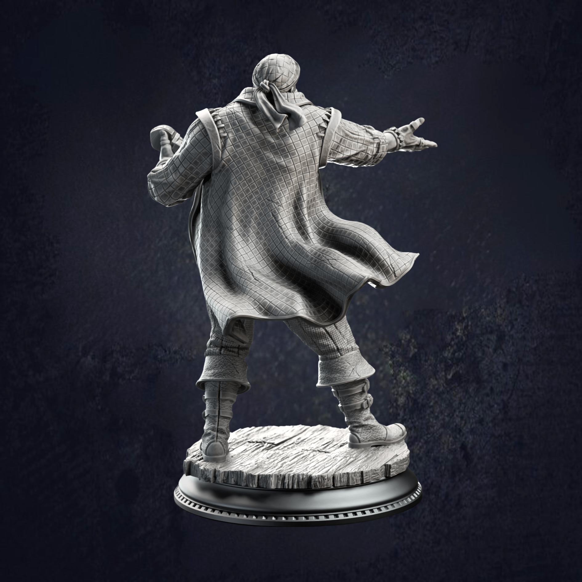 Rear view of Bossman Bill, your pirates favourite bard with his hurdy-gurdy singing away, keeping moral stable while sailing the high seas.