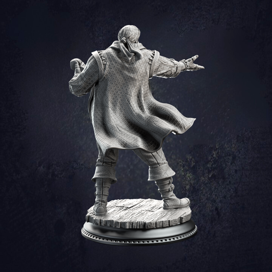 Rear view of Bossman Bill, your pirates favourite bard with his hurdy-gurdy singing away, keeping moral stable while sailing the high seas.