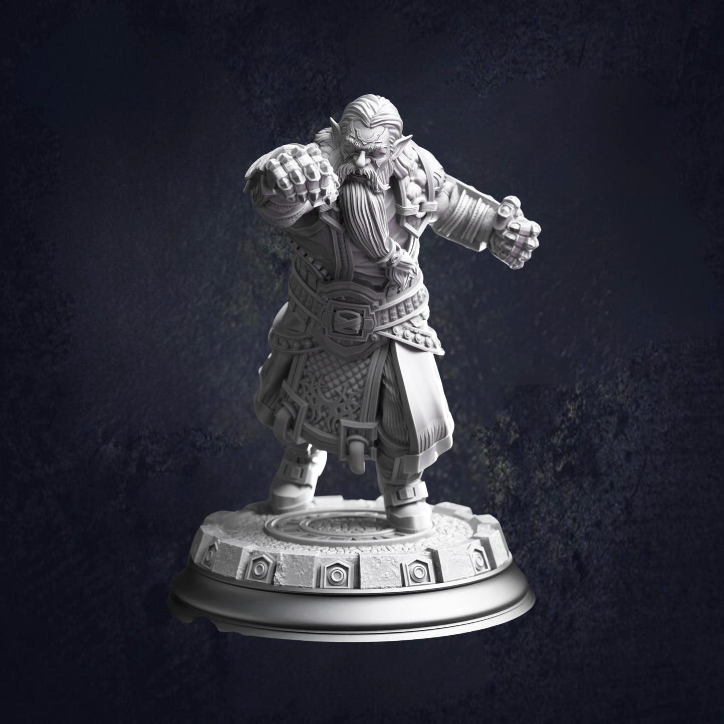 Dwarf monk fighter with metal fist weapons lunging forward for a punch with fist raised. With long hair and bear and battle dressed