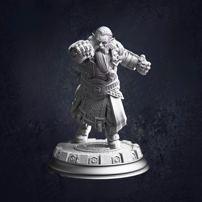 Dwarf monk fighter with metal fist weapons lunging forward for a punch with fist raised. With long hair and bear and battle dressed