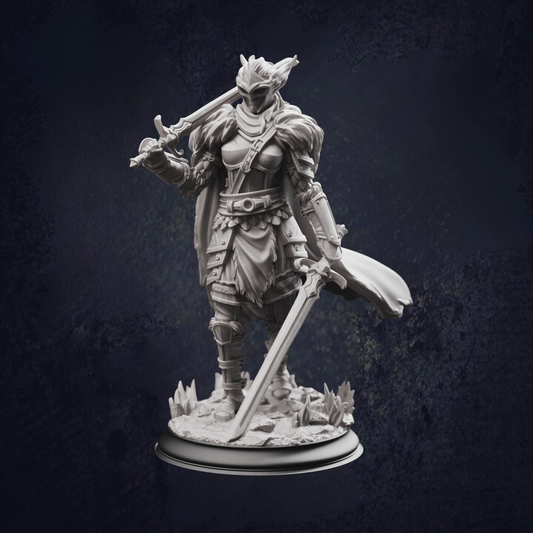Back view of a female fighter holding two swords, one over the shoulder and one by her side. Looks like a Valkyrie, with fur pelt over her shoulders and flowing cloak. Also wearing a helmet and breastplate.