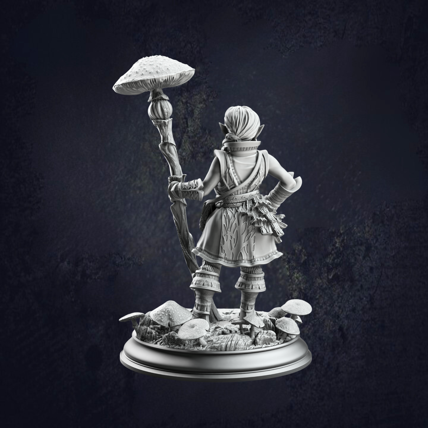Back view of a Halfling Druid of Spores, with a toadstool mushroom topped staff surrounded by a base of mushrooms.