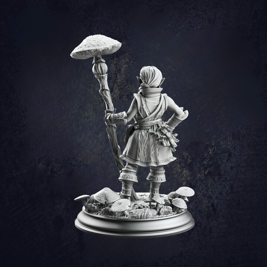 Back view of a Halfling Druid of Spores, with a toadstool mushroom topped staff surrounded by a base of mushrooms.