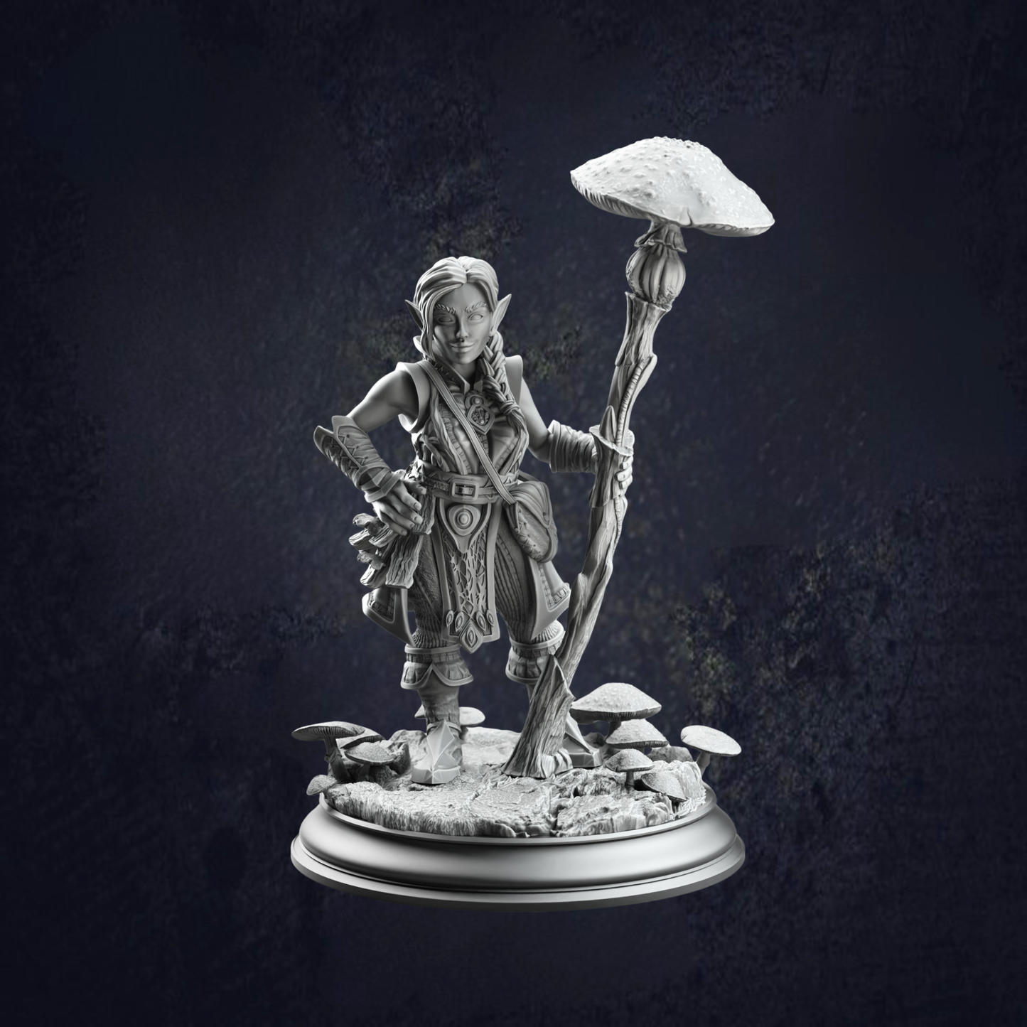 Halfling Druid of Spores, with a toadstool mushroom topped staff surrounded by a base of mushrooms.