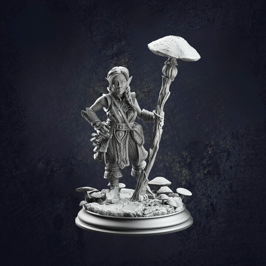 Halfling Druid of Spores, with a toadstool mushroom topped staff surrounded by a base of mushrooms.
