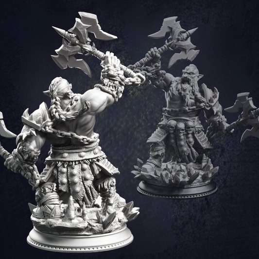 Rear view of dwarf berserker with his skull clad belt and dual double sided axes attached to his arms by chains, rally calling pumping the air with one arm.