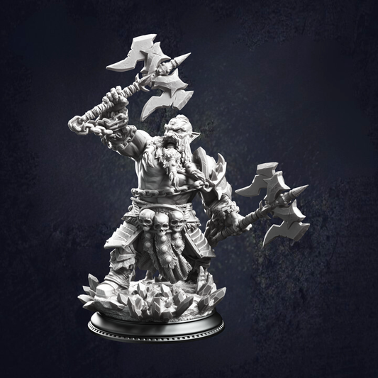 Dwarf berserker with his skull clad belt and dual double sided axes attached to his arms by chains, rally calling pumping the air with one arm.