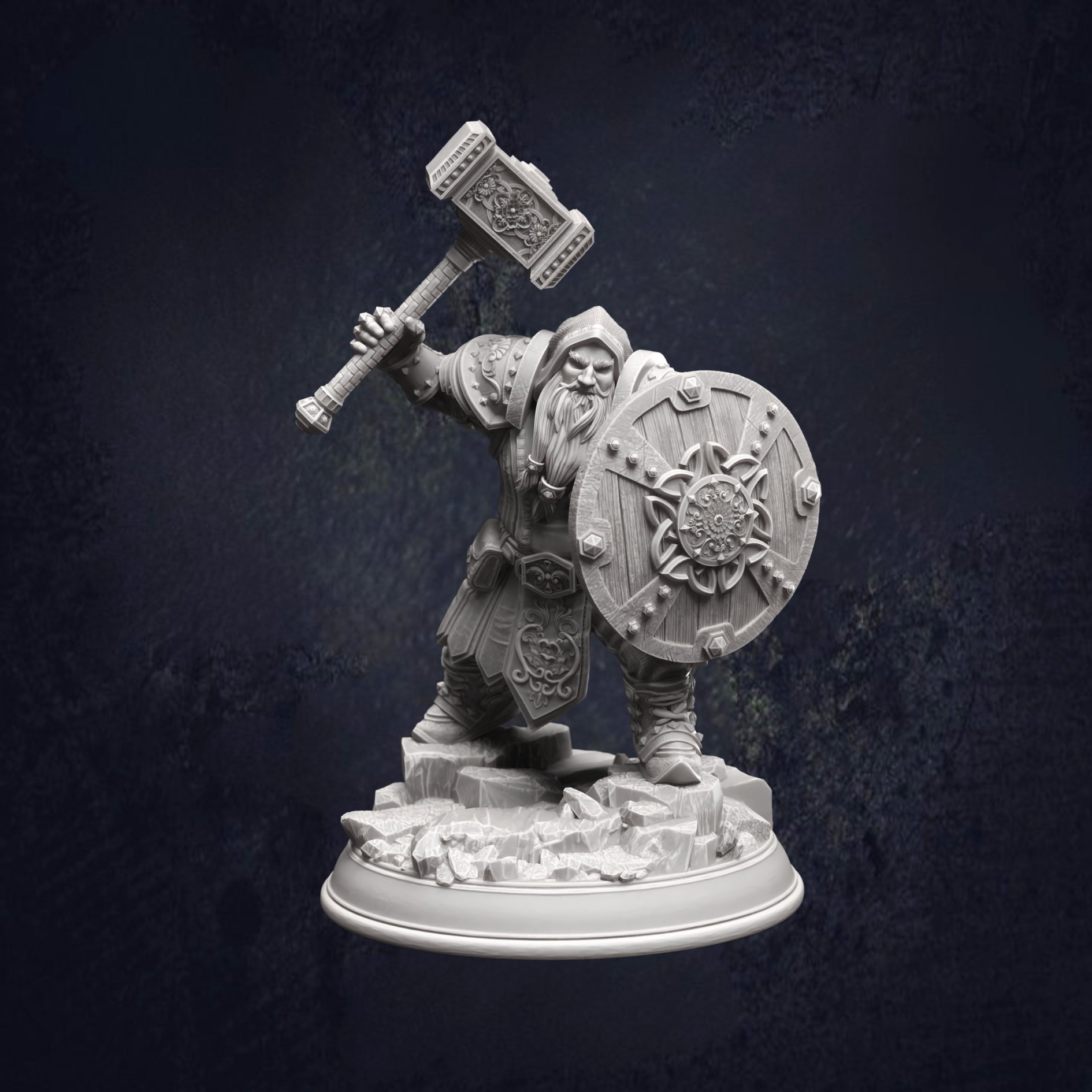 Tors the dwarven cleric, with his warhammer and decorative shield. Clad with pauldrons and hood, ready for the fight.
