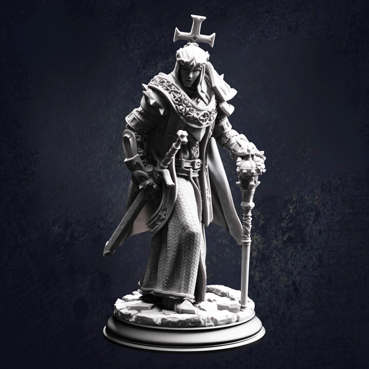 Tyrius war cleric, displaying their church symbol on their head, flowing cloak. You can see them using a gilded walking stick and sheathed sword. Wearing a face mask to cover identity