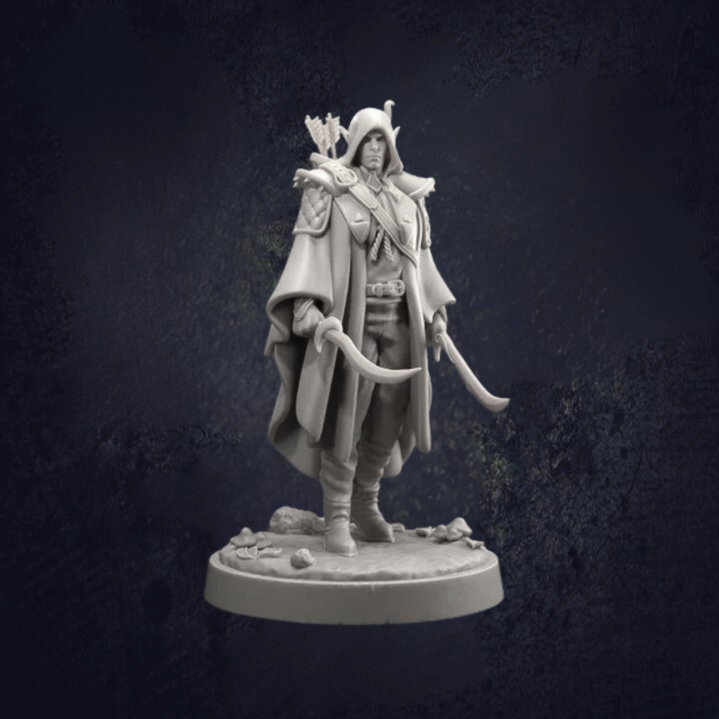 Elven rogue, in long caped coat with dual scimitar, with bow on his back and quiver. Highborn elf hooded figure.