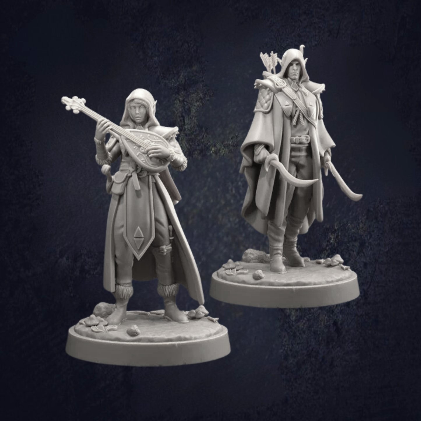 Elven rogue and bard set, both in hooded cloaked coats. Rogue with scimitars and bow with quiver and the bard with decorative lute