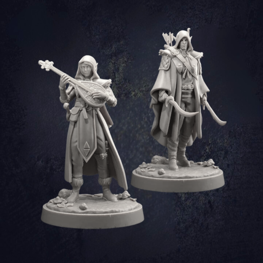 Elven rogue and bard set, both in hooded cloaked coats. Rogue with scimitars and bow with quiver and the bard with decorative lute