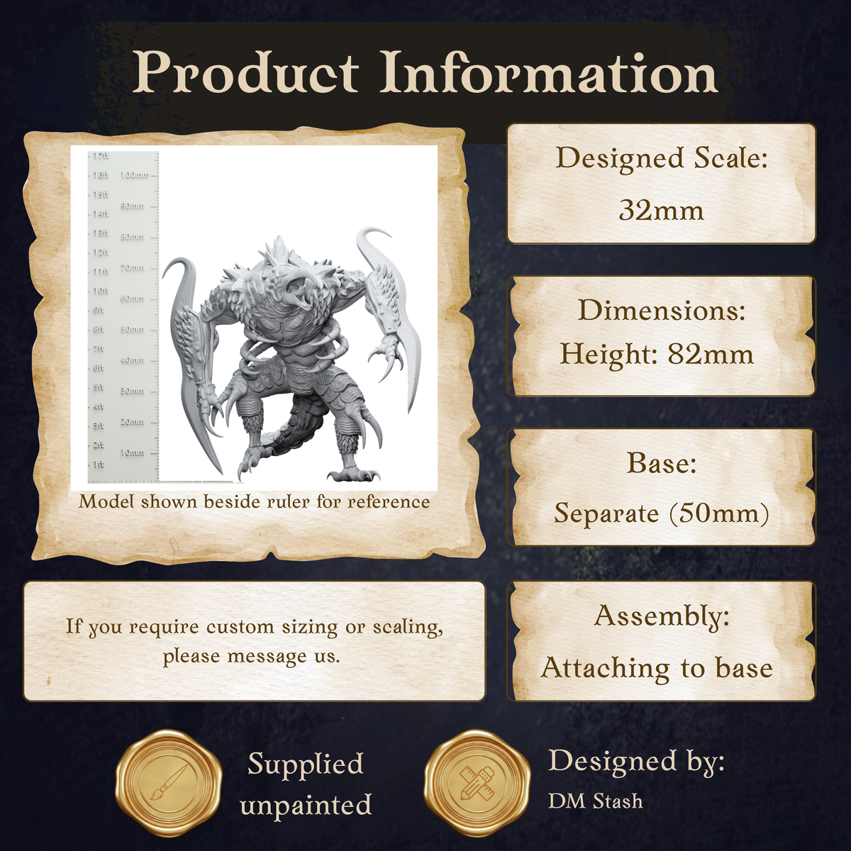 The image is a product information graphic for a model, which is a detailed representation of a character or object. The information includes the model's dimensions, the base size, and the assembly instructions.