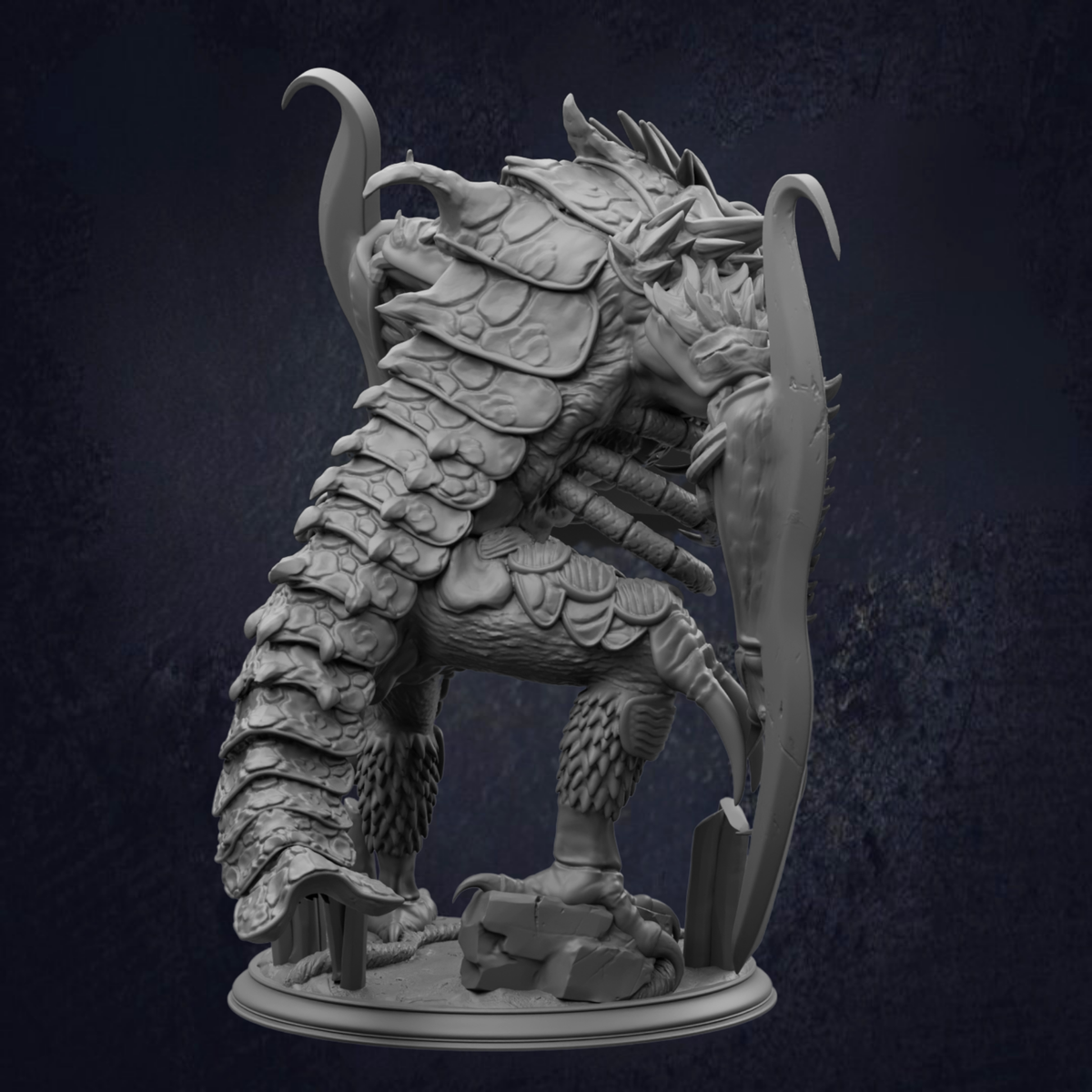A detailed 3D rendering of a fantastical creature, possibly a mythical or magical being, with intricate scales, spikes, and a fierce expression.