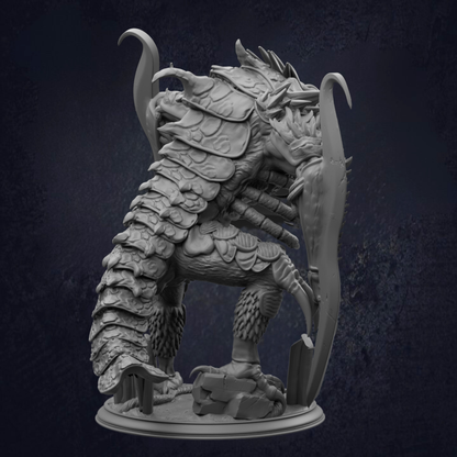 A detailed 3D rendering of a fantastical creature, possibly a mythical or magical being, with intricate scales, spikes, and a fierce expression.