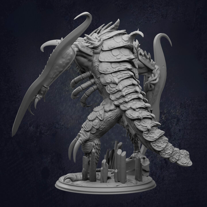 A detailed 3D model of a fantastical creature with a long, curved tail and sharp, clawed limbs. The creature appears to be a large, armored animal with a fierce expression, possibly a dragon or a similar mythical creature.