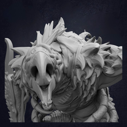 A detailed, intricate, and fantastical sculpture depicting a large, menacing-looking creature with sharp teeth and claws, set against a dark background.