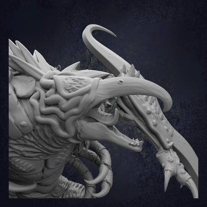 A detailed 3D rendering of a fierce-looking creature with sharp teeth and claws, set against a dark background.
