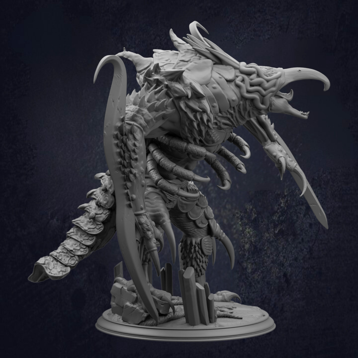 A detailed, intricate, and fantastical creature resembling a dragon or serpent, with sharp teeth and claws, standing on a platform against a dark background.