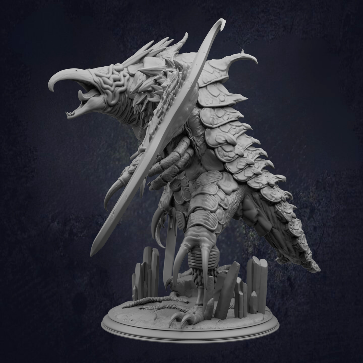 A detailed 3D model of a fantastical creature, possibly a dragon or serpent, with intricate scales, sharp teeth, and a fierce expression.