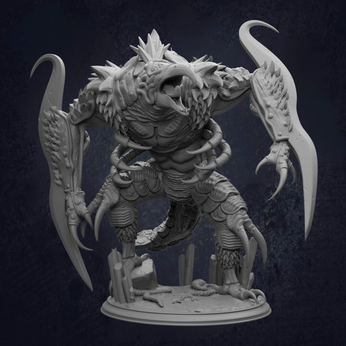 A detailed 3D rendering of a fantastical creature with sharp teeth, claws, and a menacing expression, standing on a platform against a dark background.