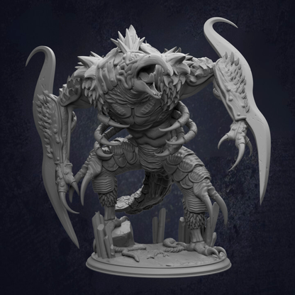 A detailed 3D rendering of a fantastical creature with sharp teeth, claws, and a menacing expression, standing on a platform against a dark background.