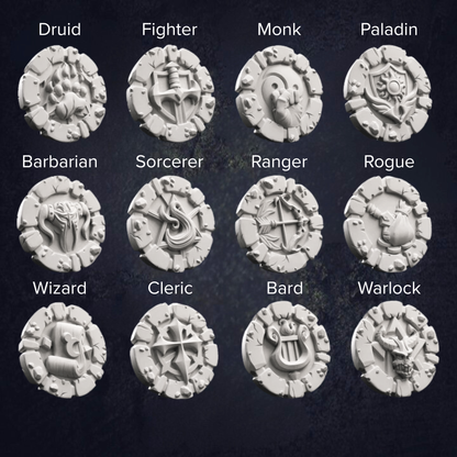 Set of 12 class tokens for DnD5e. Labelled with each class for clarification