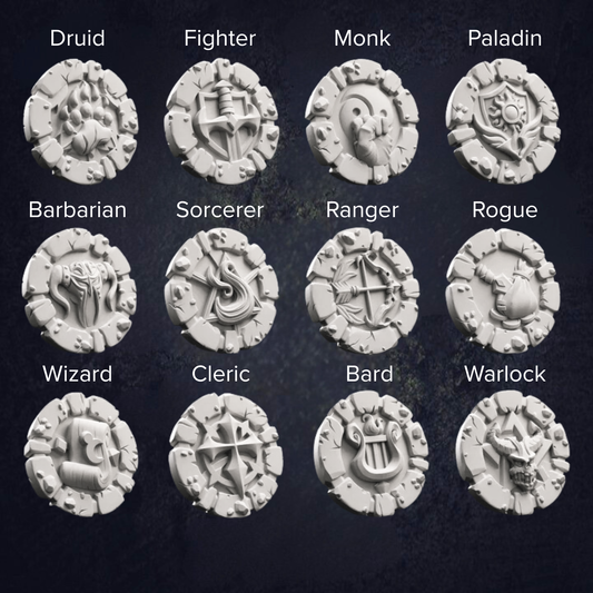 Set of 12 class tokens for DnD5e. Labelled with each class for clarification