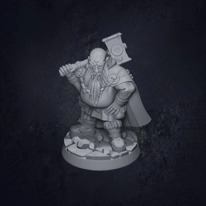A sturdy DnD miniature of a dwarf warrior, wielding a large warhammer. The dwarf is heavily armored, with intricate details on their plate armor and a shield slung on their back. Their short stature and muscular build are complemented by a thick beard and stern expression, embodying the resilient spirit of dwarven warriors. The warhammer is held with both hands, ready to deliver powerful blows in battle. The textured base enhances the figure's sturdy, battle-hardened nature.
