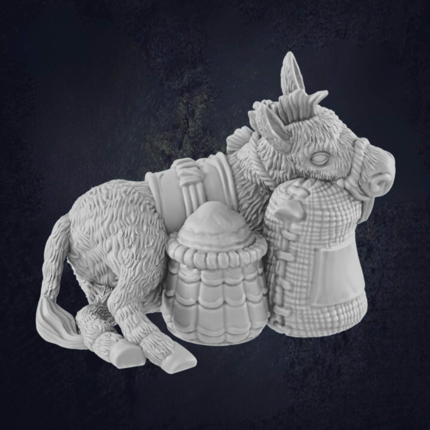 A front view of lazy donkey miniature. Leaning against some sacks. Ideal for farm TTRPG scenarios or in a town square. Ideal companion to NPCs and to add character to any D&D game.