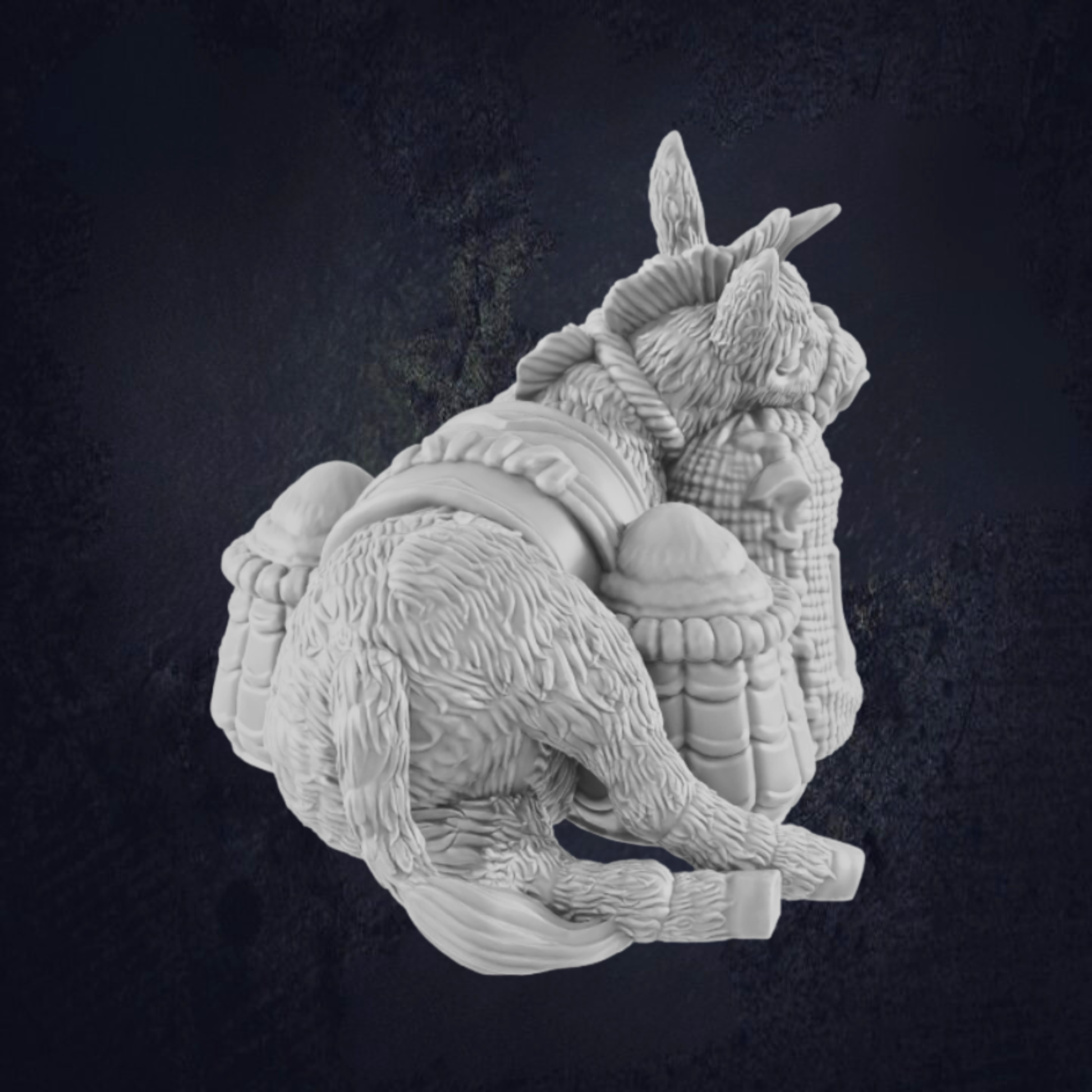 A side view of lazy donkey miniature. Leaning against some sacks. Ideal for farm TTRPG scenarios or in a town square. Ideal companion to NPCs and to add character to any D&D game.