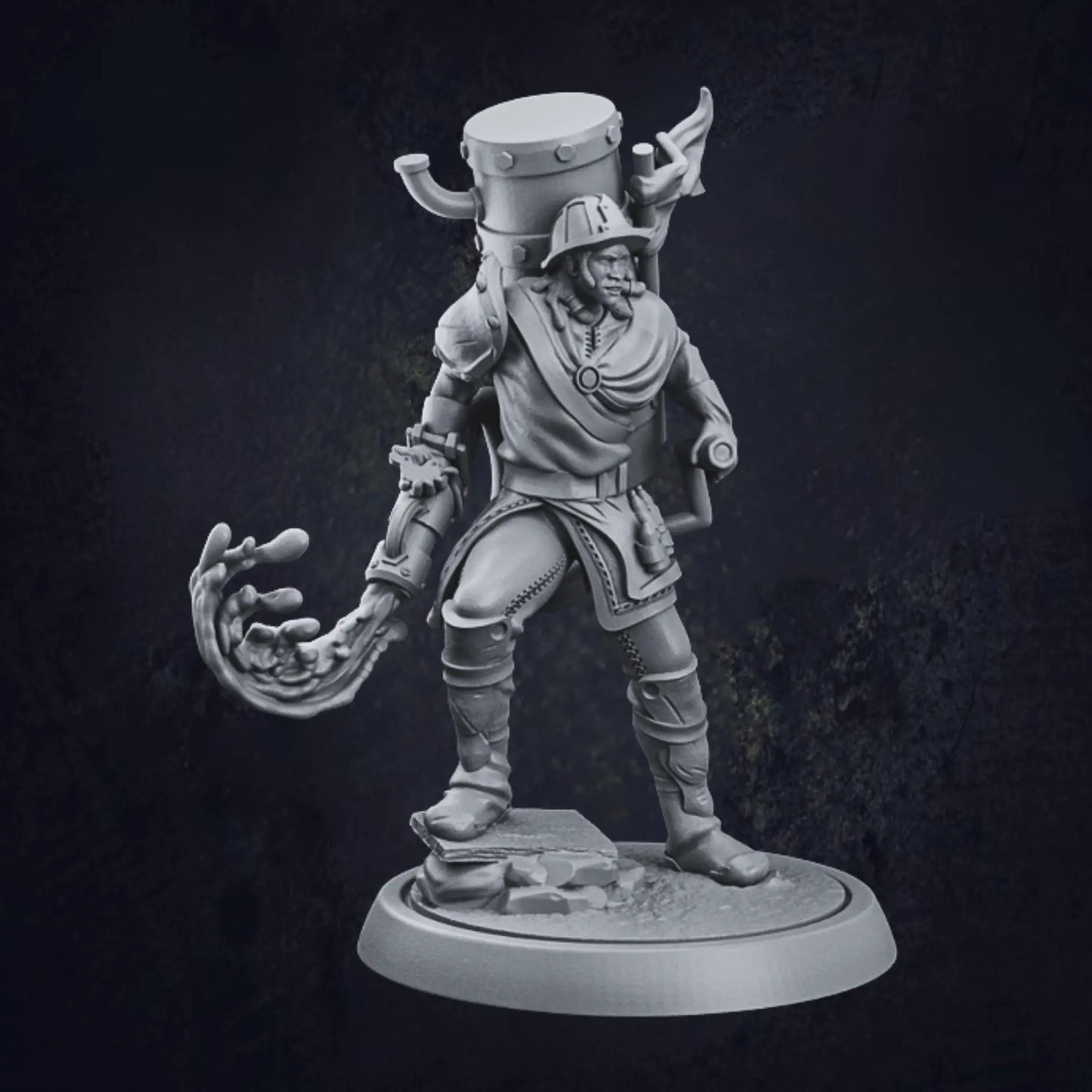 A highly detailed 3D-printed miniature of a Water Genasi Sorcerer, posed dynamically with magical water swirling from their mechanical gauntlet. The figure wears a mix of armor and robes, with intricate accessories and a large alchemical contraption on their back, perfect for tabletop RPGs or display painting.