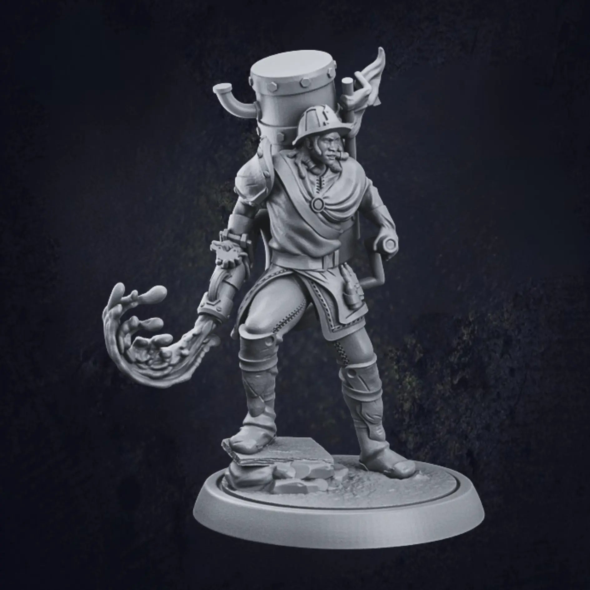 A highly detailed 3D-printed miniature of a Water Genasi Sorcerer, posed dynamically with magical water swirling from their mechanical gauntlet. The figure wears a mix of armor and robes, with intricate accessories and a large alchemical contraption on their back, perfect for tabletop RPGs or display painting.