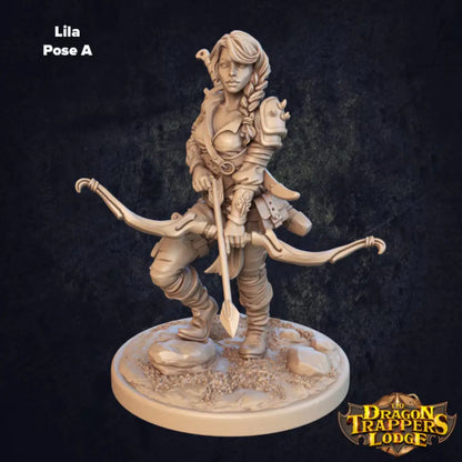 A 3D printed miniature of an Elven female ranger called Lila, designed by the Dragon Trappers Lodge