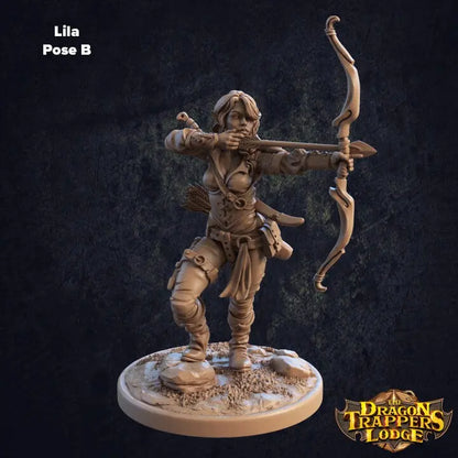 A 3d Printed miniature of an elven female archer in an aimed pose and ready to fire. Designed by Dragon Trappers Lodge