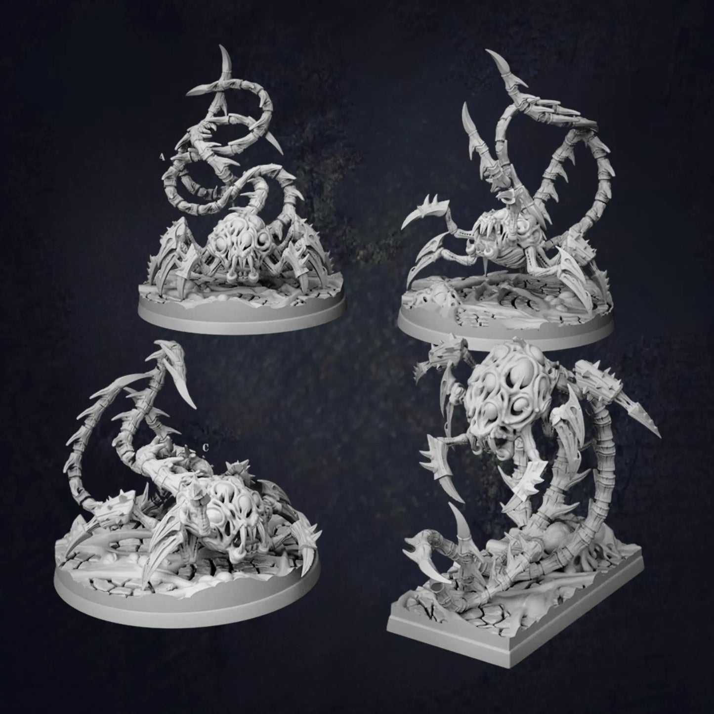 A highly detailed DnD miniature of a grotesque alien eldritch horror, known as the "Eviscerator." This monstrous creature features a twisted and otherworldly form, with multiple limbs, sharp claws, and an intimidating, gaping maw. Its body is covered in grotesque, writhing tendrils and spiny armor-like textures, evoking a sense of terror and malevolent power. The figure's design reflects a nightmarish and alien presence, perfect for dark fantasy or science fiction-themed tabletop RPGs. 