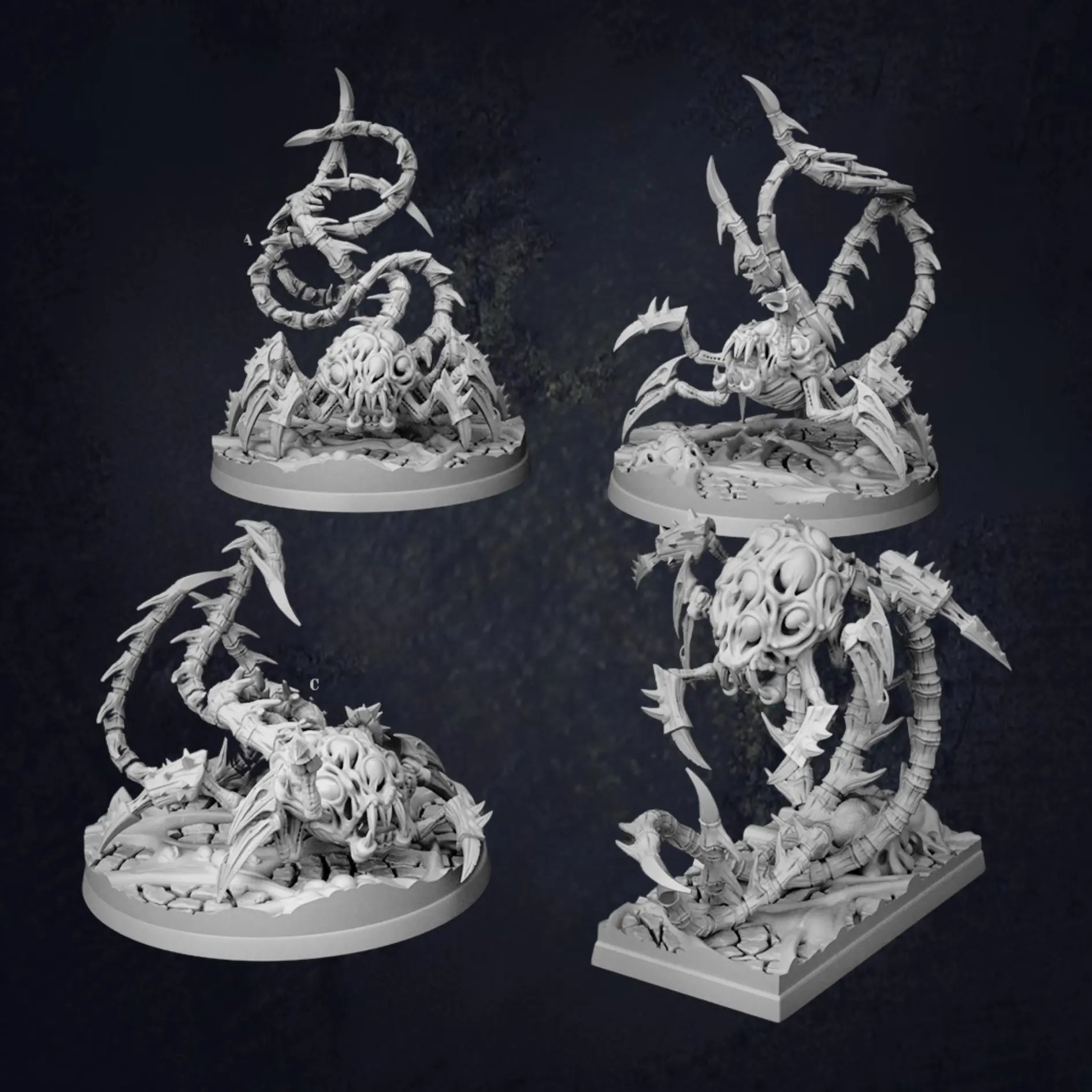 A highly detailed DnD miniature of a grotesque alien eldritch horror, known as the "Eviscerator." This monstrous creature features a twisted and otherworldly form, with multiple limbs, sharp claws, and an intimidating, gaping maw. Its body is covered in grotesque, writhing tendrils and spiny armor-like textures, evoking a sense of terror and malevolent power. The figure's design reflects a nightmarish and alien presence, perfect for dark fantasy or science fiction-themed tabletop RPGs. 