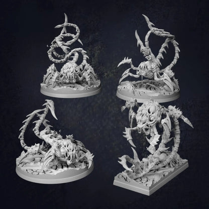 A highly detailed DnD miniature of a grotesque alien eldritch horror, known as the "Eviscerator." This monstrous creature features a twisted and otherworldly form, with multiple limbs, sharp claws, and an intimidating, gaping maw. Its body is covered in grotesque, writhing tendrils and spiny armor-like textures, evoking a sense of terror and malevolent power. The figure's design reflects a nightmarish and alien presence, perfect for dark fantasy or science fiction-themed tabletop RPGs. 