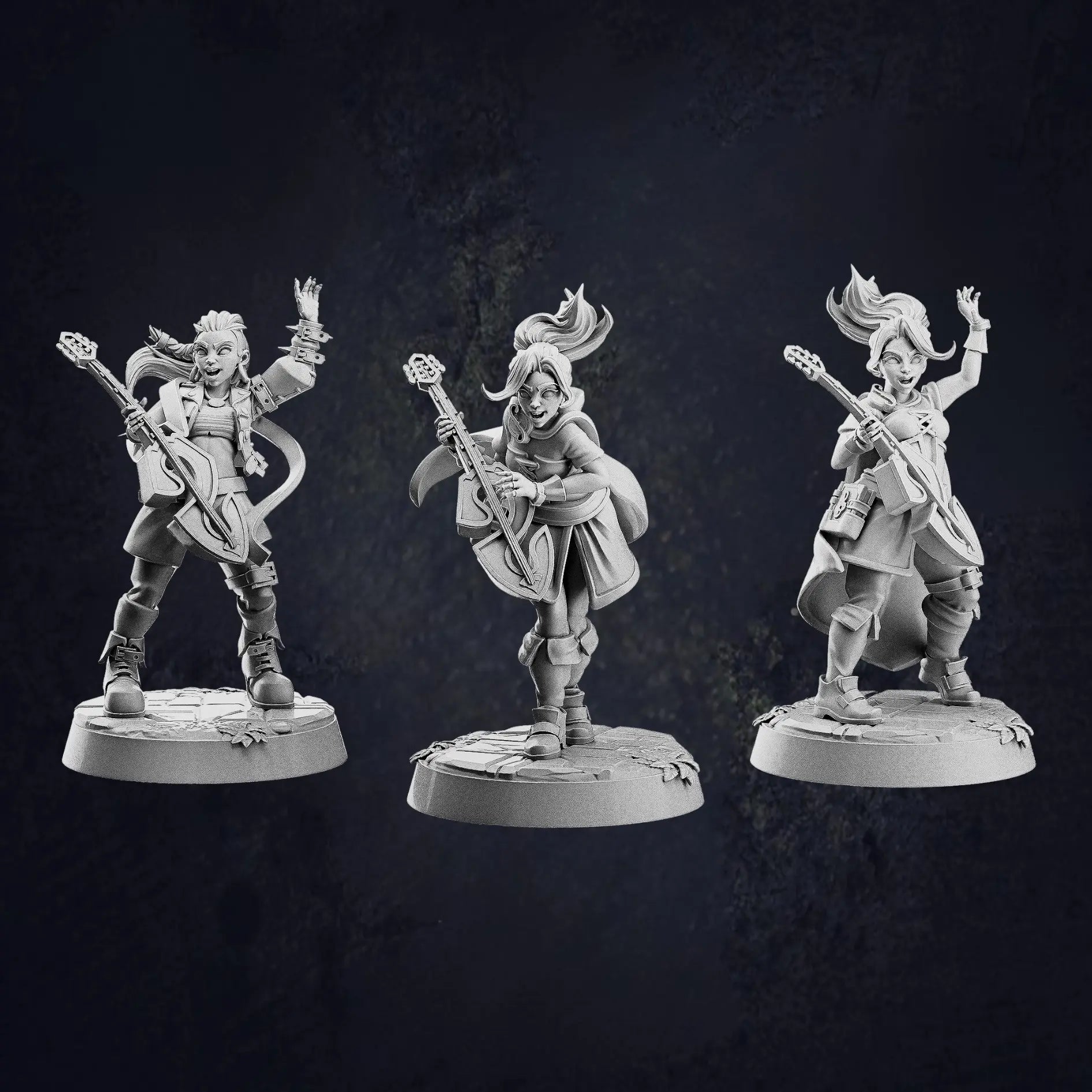 Three unpainted miniature figurines of fantasy female human bards, each holding a lute and posed dynamically. They wear detailed adventurer-style clothing with capes, boots, and various accessories. Each bard has a unique stance, with expressive faces and lively hair sculpted to suggest movement. The miniatures stand on round bases with engraved textures, against a dark, textured background.