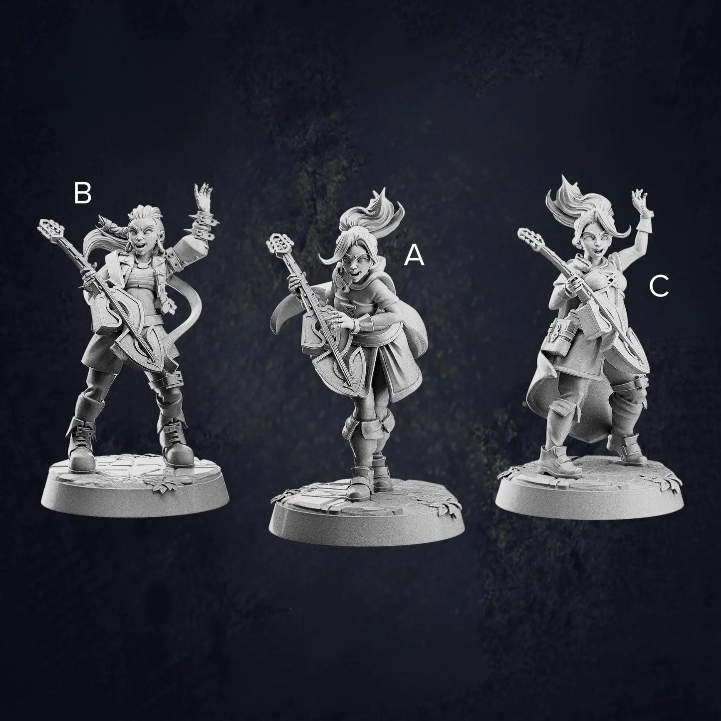 A labelled image of three unpainted miniature figurines of fantasy female human bards, each holding a lute and posed dynamically. They wear detailed adventurer-style clothing with capes, boots, and various accessories. Each bard has a unique stance, with expressive faces and lively hair sculpted to suggest movement. The miniatures stand on round bases with engraved textures, against a dark, textured background.