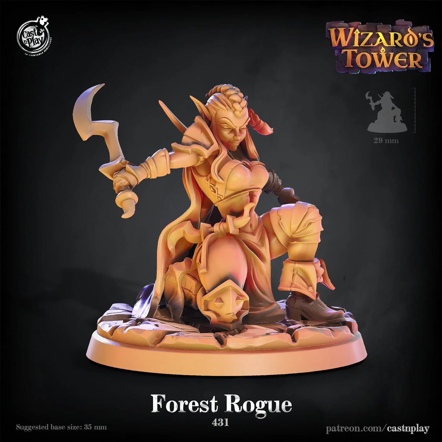 A detailed DnD miniature of a stealthy forest rogue, poised in a crouched position. The rogue wears light, flexible armor designed for agility, with a hood and a cloak that blends into the forest surroundings. Equipped with daggers and a bow, the character is ready for a swift strike. Their expression is focused, with keen eyes scanning the environment. The textured base suggests forest terrain, perfect for woodland ambushes.