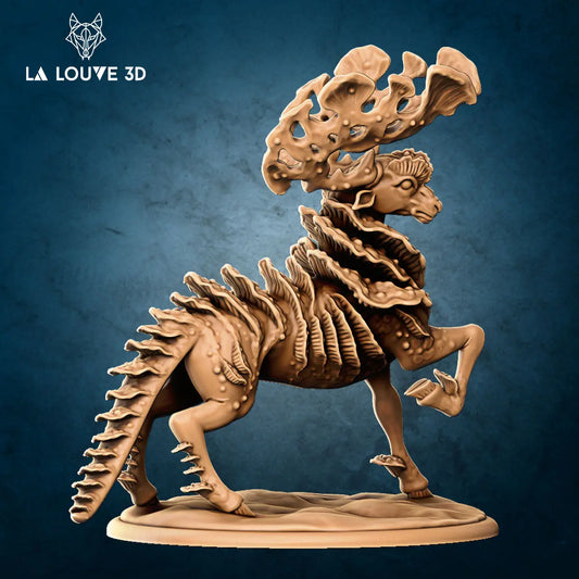A detailed 3D DnD miniature of "Rendu La Louve," a fierce and mystical wolf-themed character. The figure features an imposing, warrior-like woman with wolf ears, fur, and a dynamic pose that suggests agility and power. She is dressed in intricately designed armor, combining elements of both human and wolf-like features. Her eyes are intense, and her stance, with one arm wielding a weapon, indicates a readiness for battle. Ideal for outdoor or nature-themed campaigns.