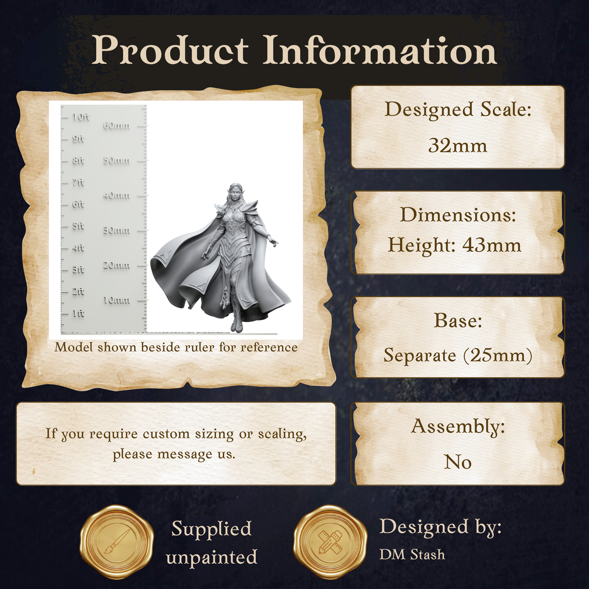 The image is a product information graphic that provides details about a model, including its dimensions, base, and assembly instructions.