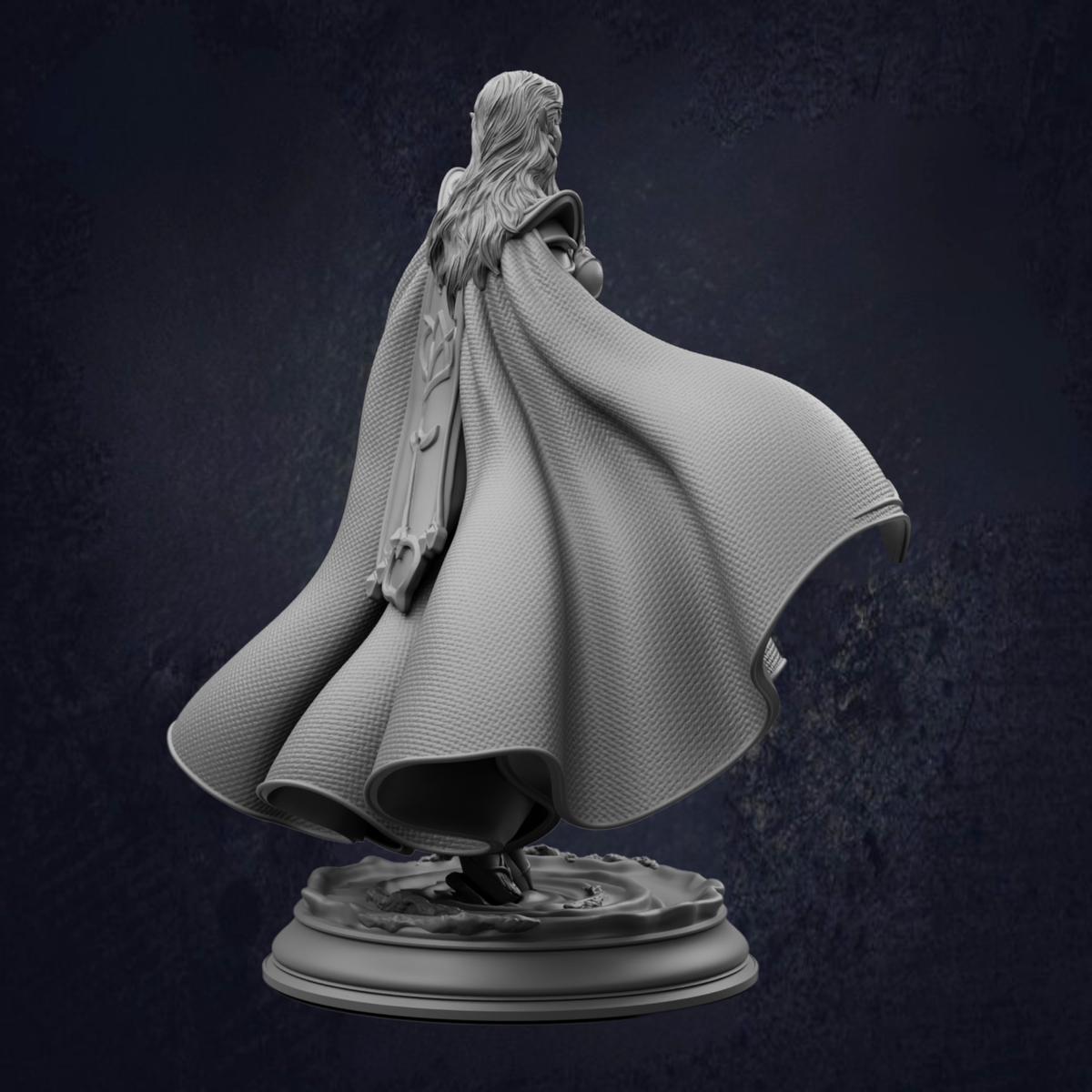 A 3D rendering of a figure wearing a flowing cape, standing on a pedestal against a dark background.