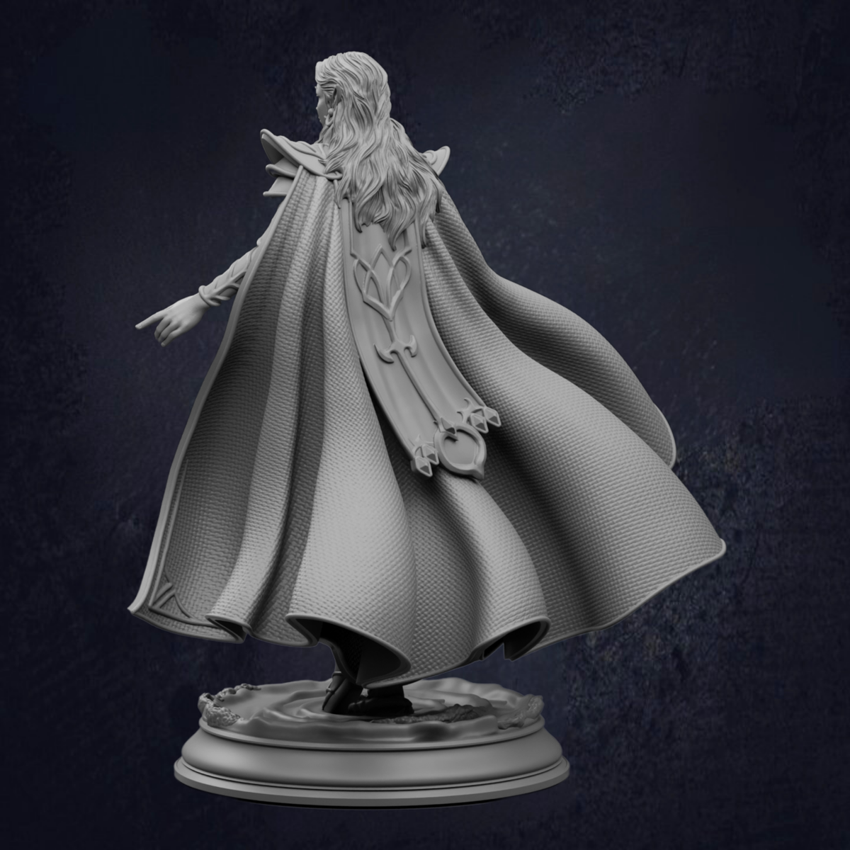 A detailed 3D rendering of a figure wearing a flowing cape, standing on a pedestal against a dark background.