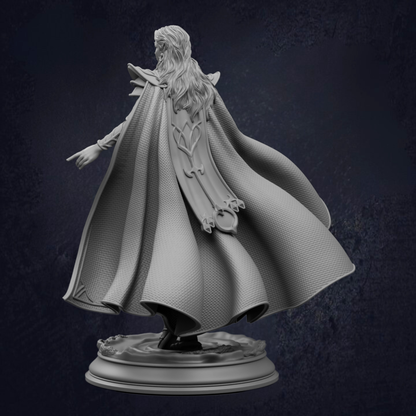 A detailed 3D rendering of a figure wearing a flowing cape, standing on a pedestal against a dark background.