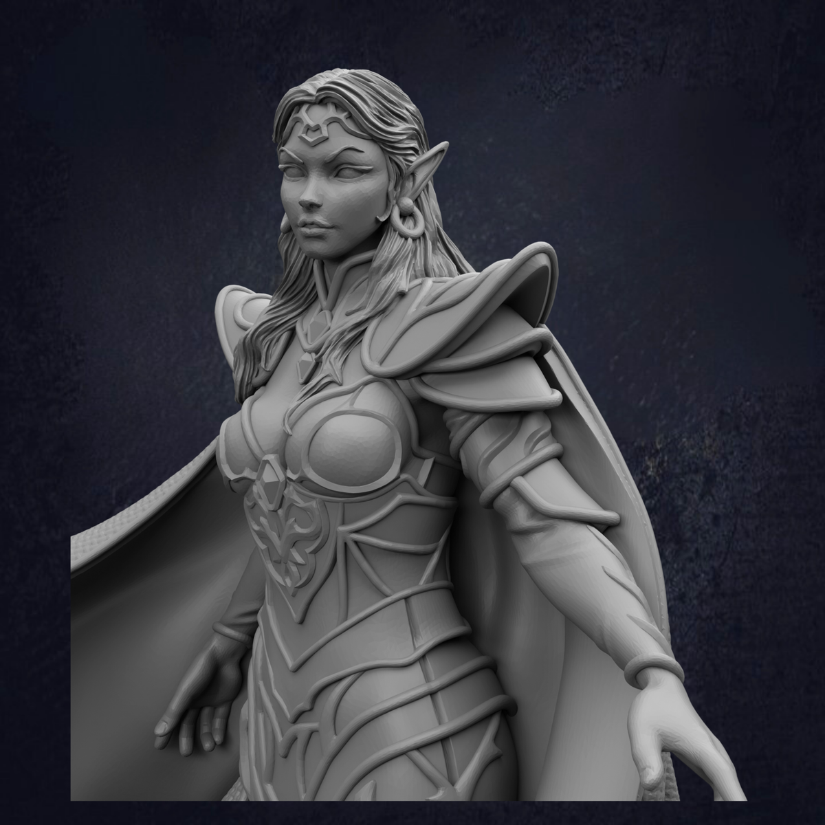 A detailed 3D rendering of a female warrior figure, with intricate armor and a flowing cape, set against a dark background.