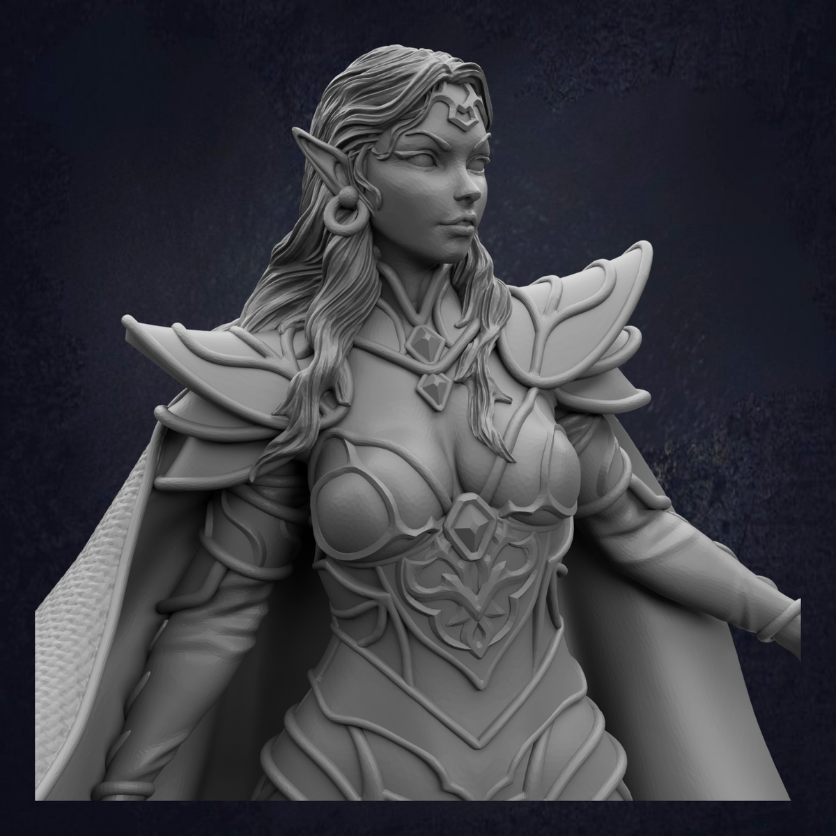 A detailed 3D rendering of a female fantasy character with long hair, wearing ornate armor and a flowing cape.